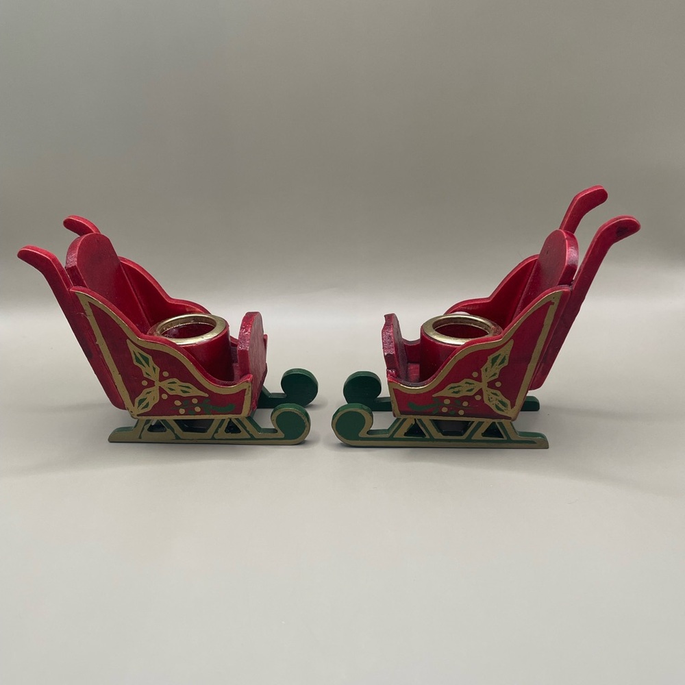 VTG Colonial Candle Company Red Green Wooden Christmas Sleigh Holder Set Of 2